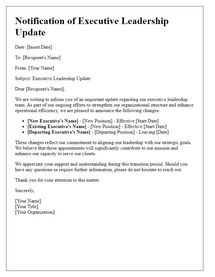 Letter template of notification for executive leadership update