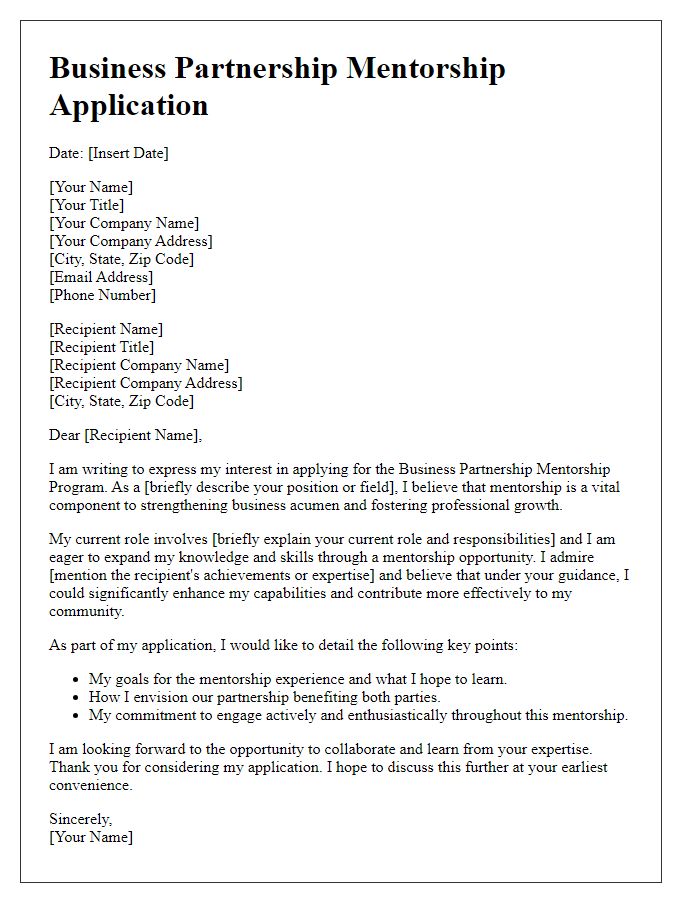 Letter template of business partnership mentorship application details