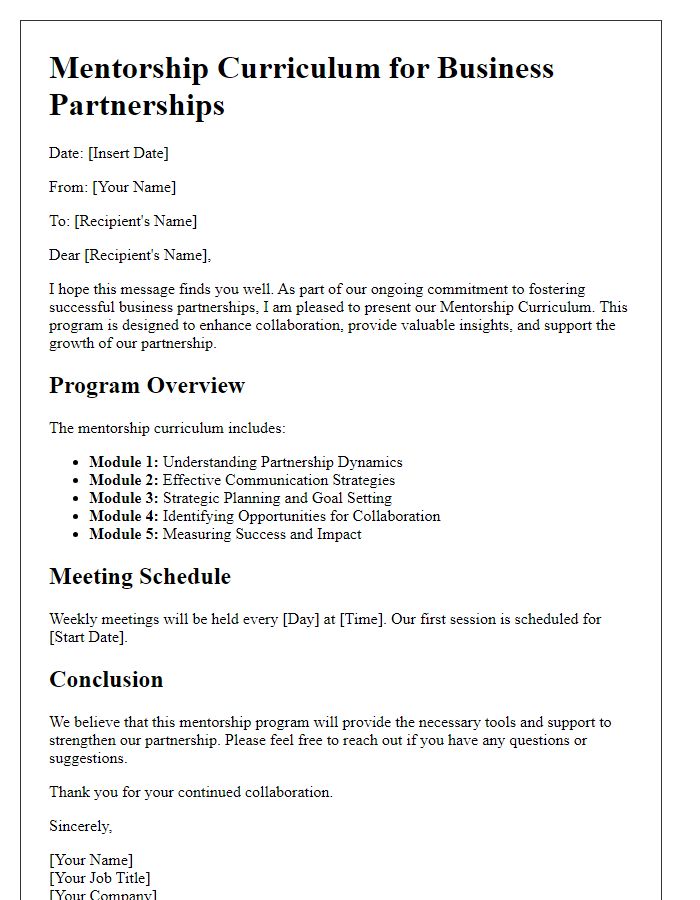 Letter template of mentorship curriculum for business partnerships