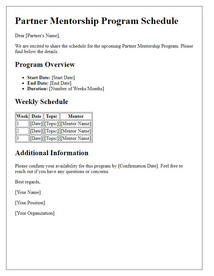 Letter template of partner mentorship program schedule