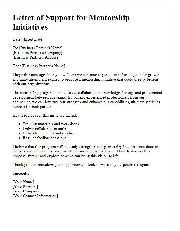 Letter template of resources for business partner mentorship initiatives