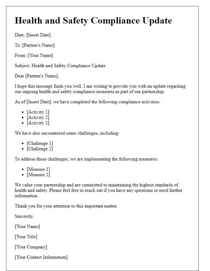 Letter template of business partner health and safety compliance update