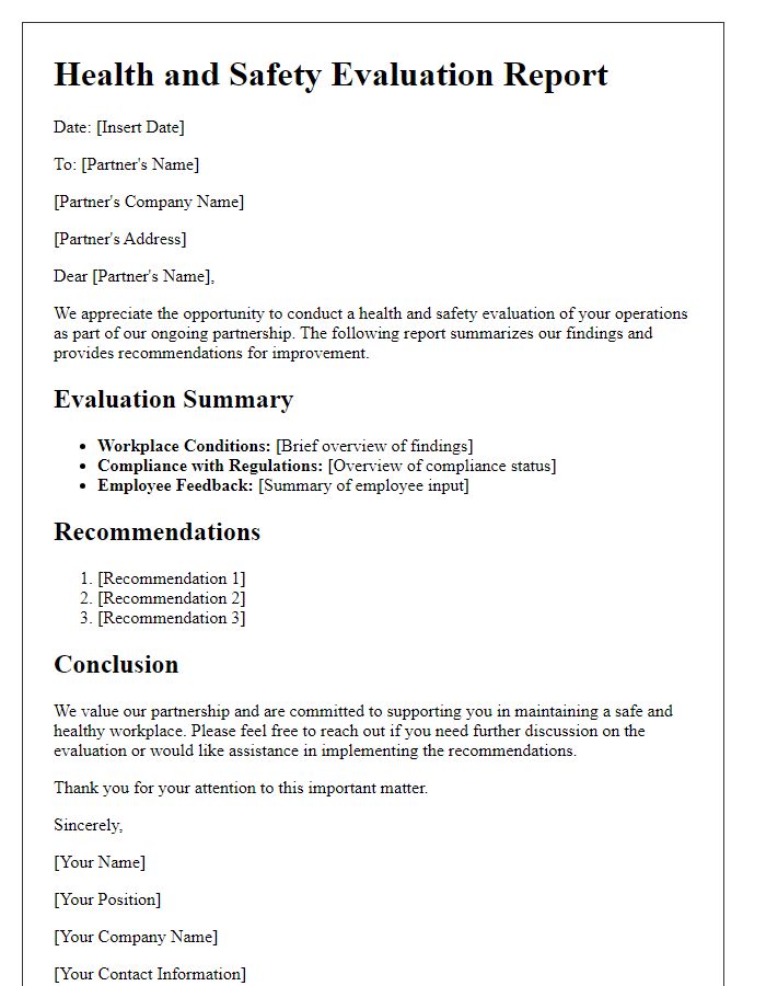 Letter template of business partner health and safety evaluation report