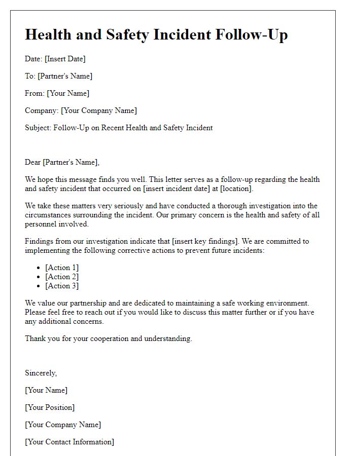 Letter template of business partner health and safety incident follow-up