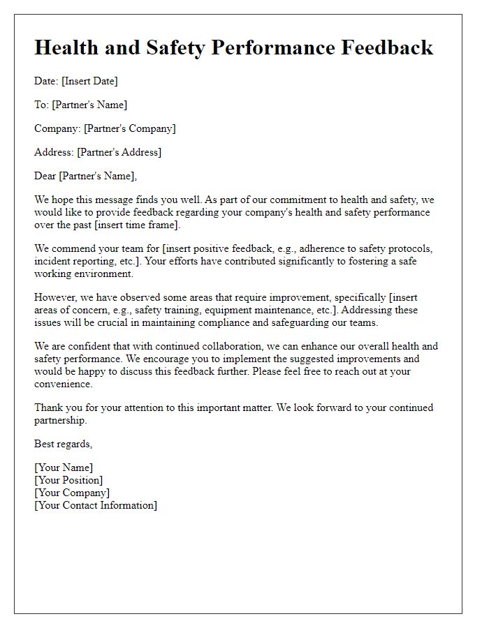 Letter template of business partner health and safety performance feedback