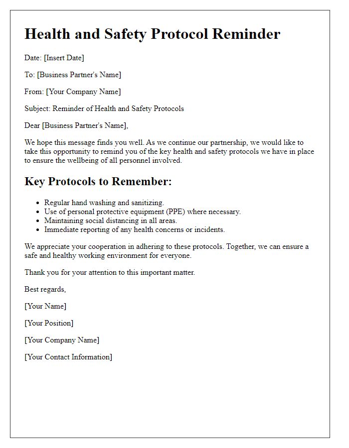 Letter template of business partner health and safety protocol reminder