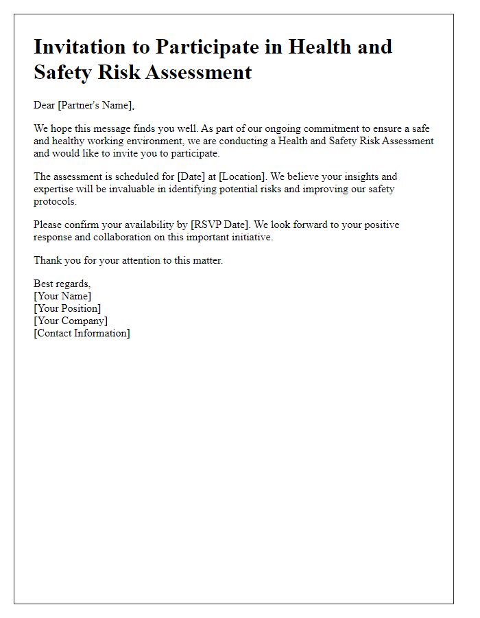 Letter template of business partner health and safety risk assessment invitation