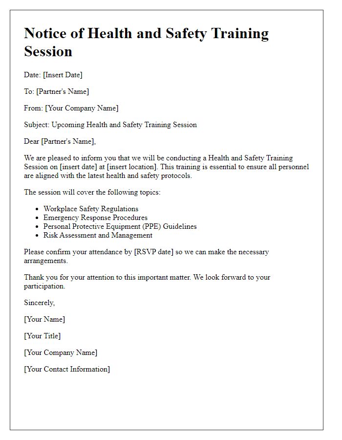 Letter template of business partner health and safety training session notice