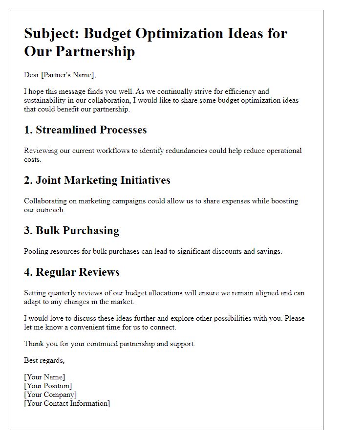 Letter template of budget optimization ideas for partners