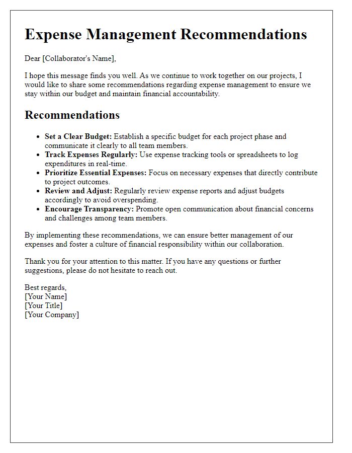 Letter template of expense management recommendations for collaborators