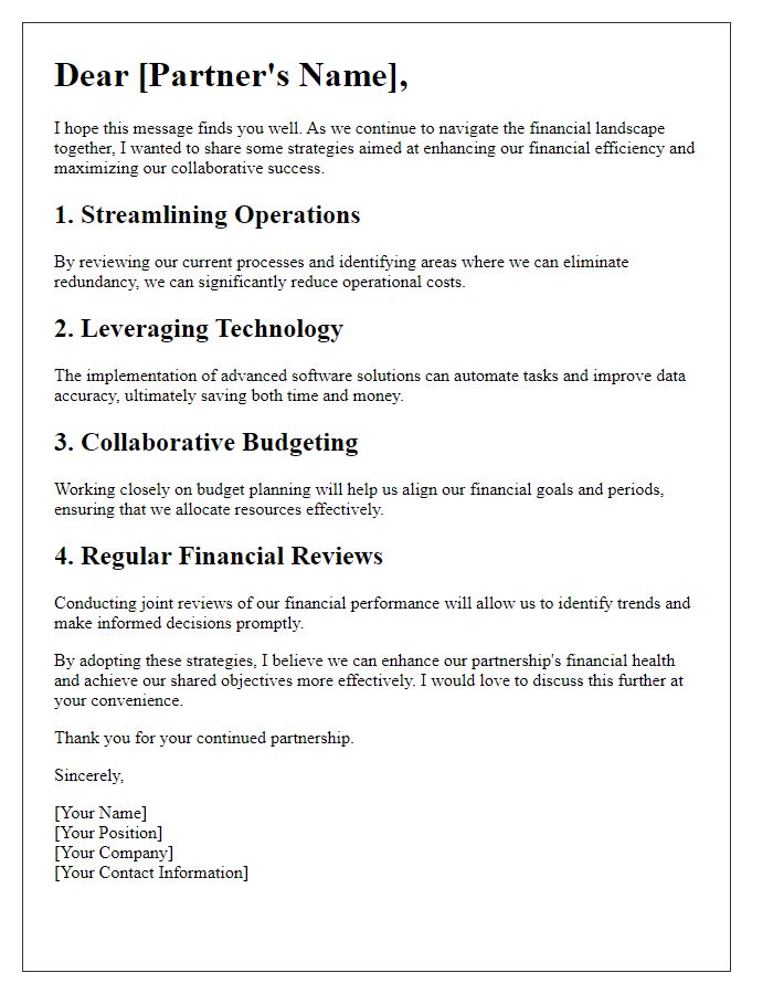 Letter template of financial efficiency strategies for partners