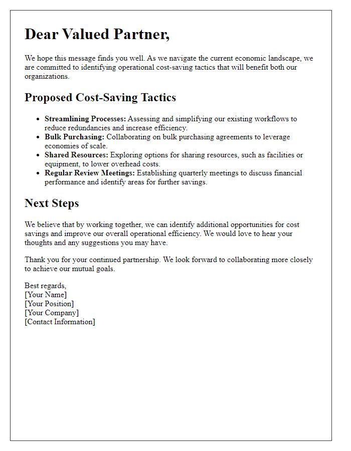 Letter template of operational cost-saving tactics for partners