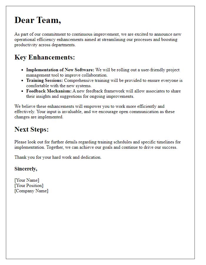 Letter template of operational efficiency enhancements for associates