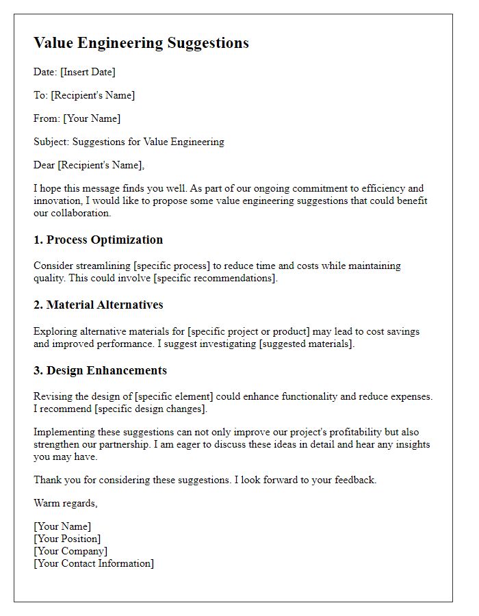 Letter template of value engineering suggestions for business associates