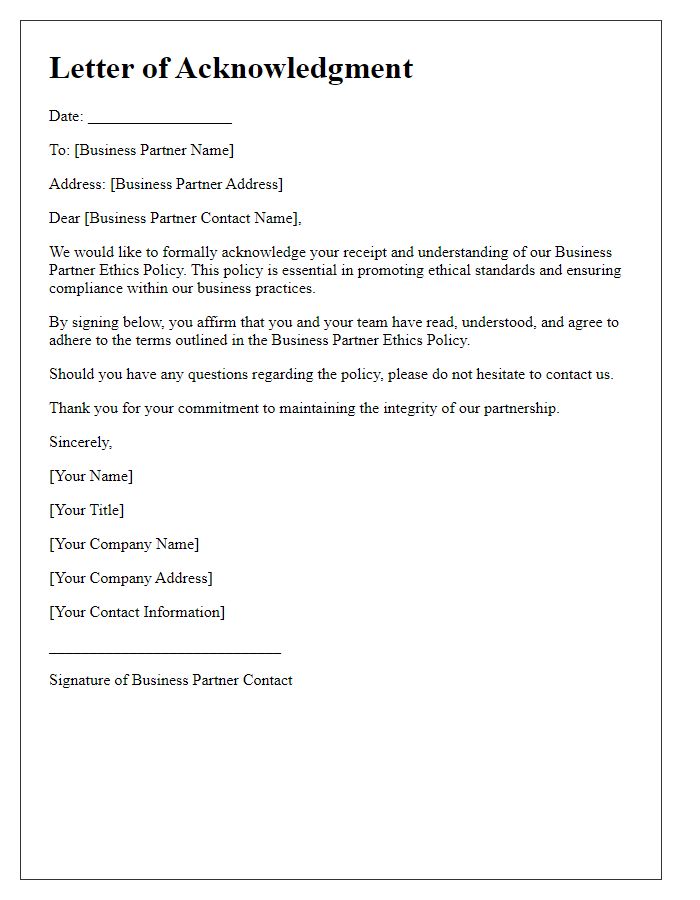 Letter template of Acknowledgment of Business Partner Ethics Policy Agreement