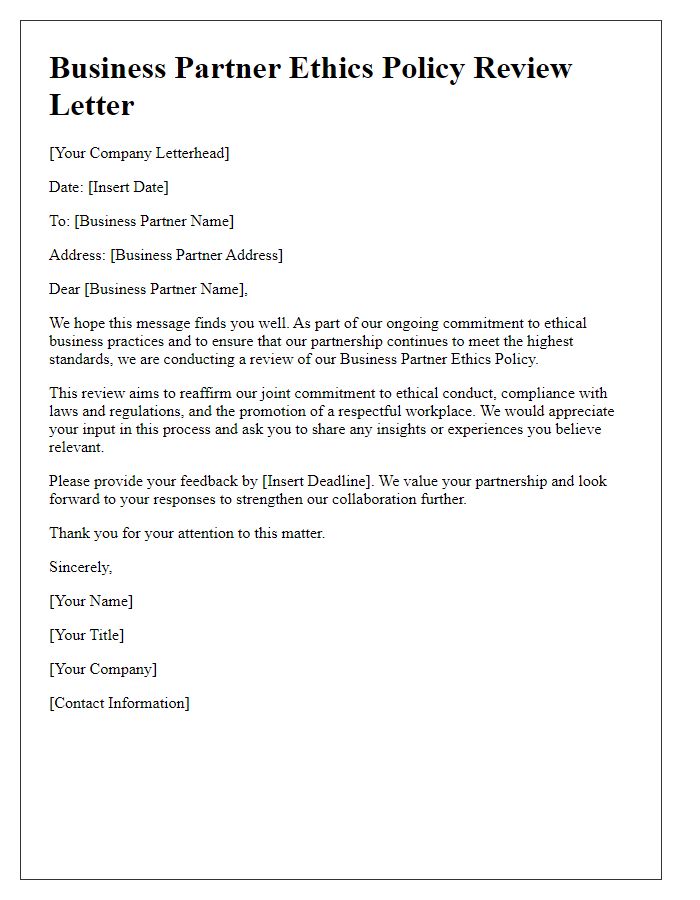 Letter template of Business Partner Ethics Policy Review