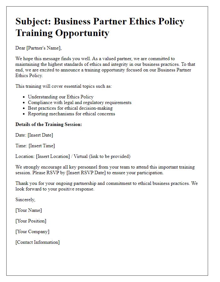 Letter template of Business Partner Ethics Policy Training Opportunity