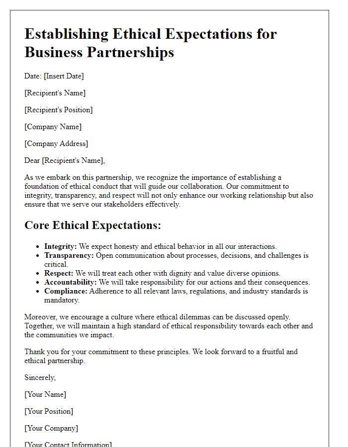 Letter template of Establishing Ethical Expectations for Business Partnerships