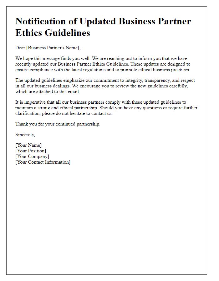 Letter template of Notification on Updated Business Partner Ethics Guidelines