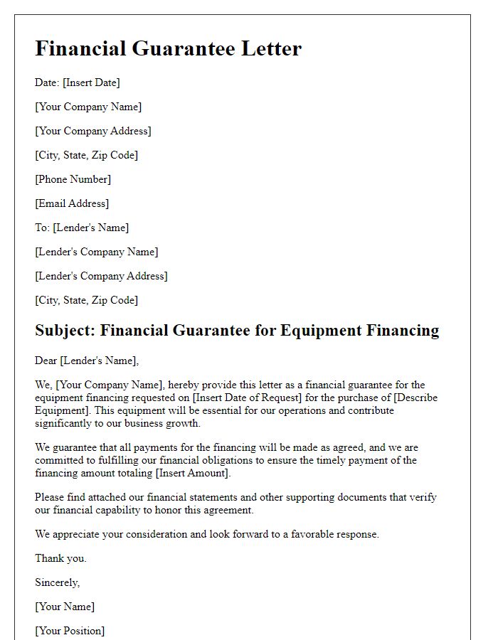 Letter template of insurance financial guarantee for equipment financing.