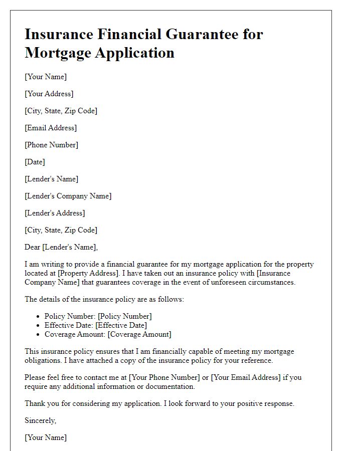 Letter template of insurance financial guarantee for mortgage application.