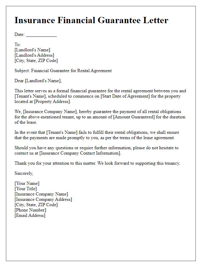 Letter template of insurance financial guarantee for rental agreement.