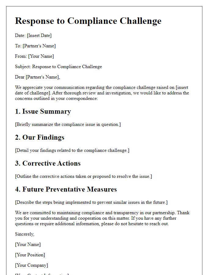 Letter template of compliance challenge response for partners.