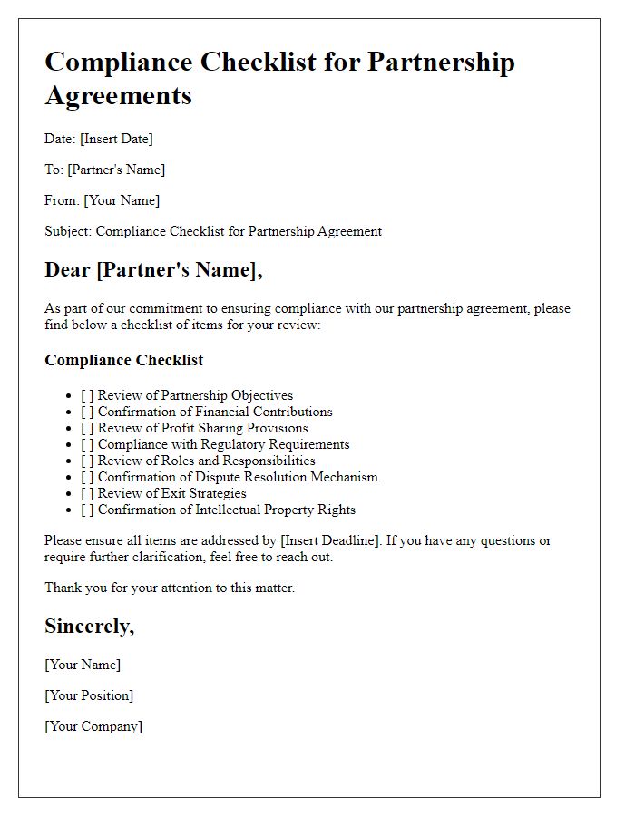 Letter template of compliance checklist for partnership agreements.