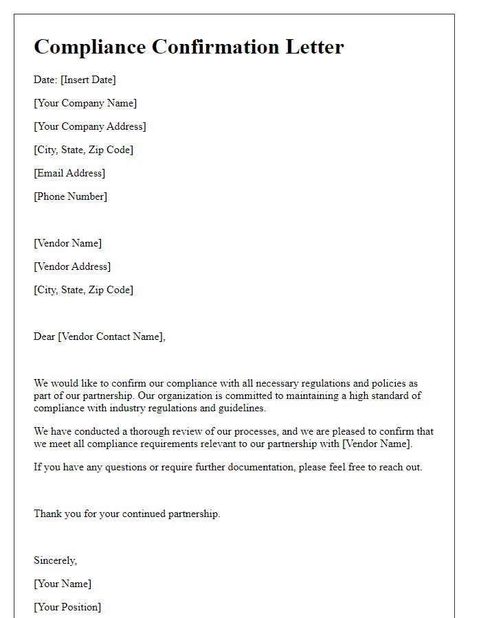 Letter template of compliance confirmation for vendor partnerships.