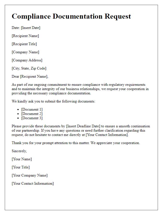 Letter template of compliance documentation request for business partners.