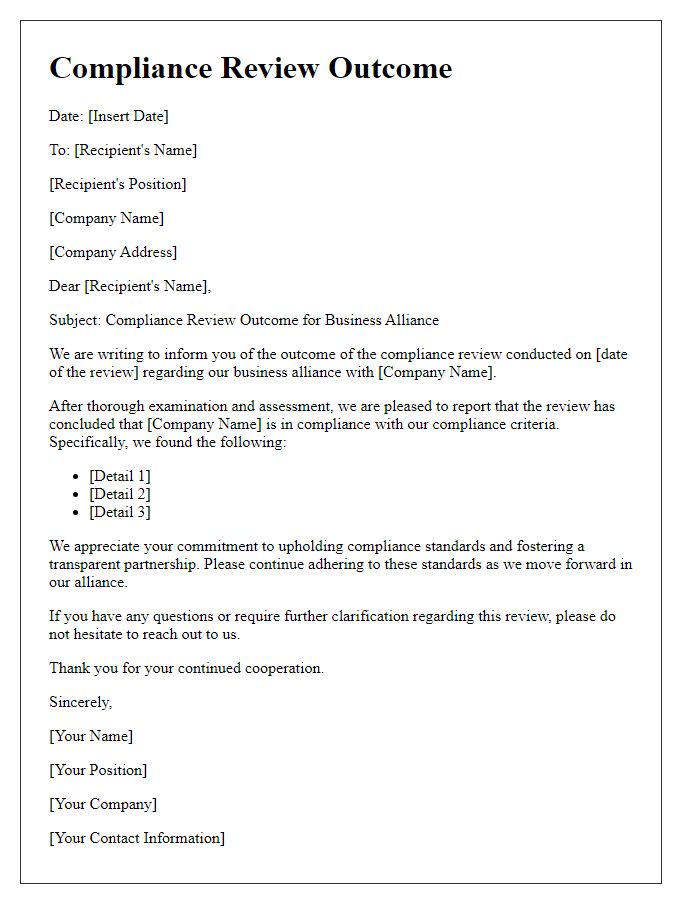 Letter template of compliance review outcome for business alliances.