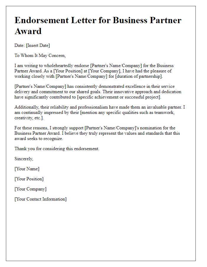 Letter template of endorsement for business partner award.