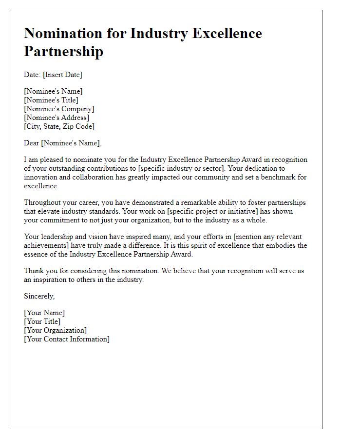 Letter template of nomination for industry excellence partnership.