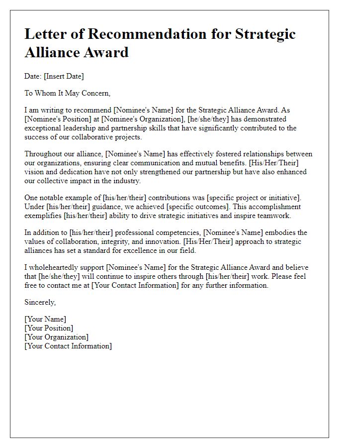 Letter template of recommendation for strategic alliance award.