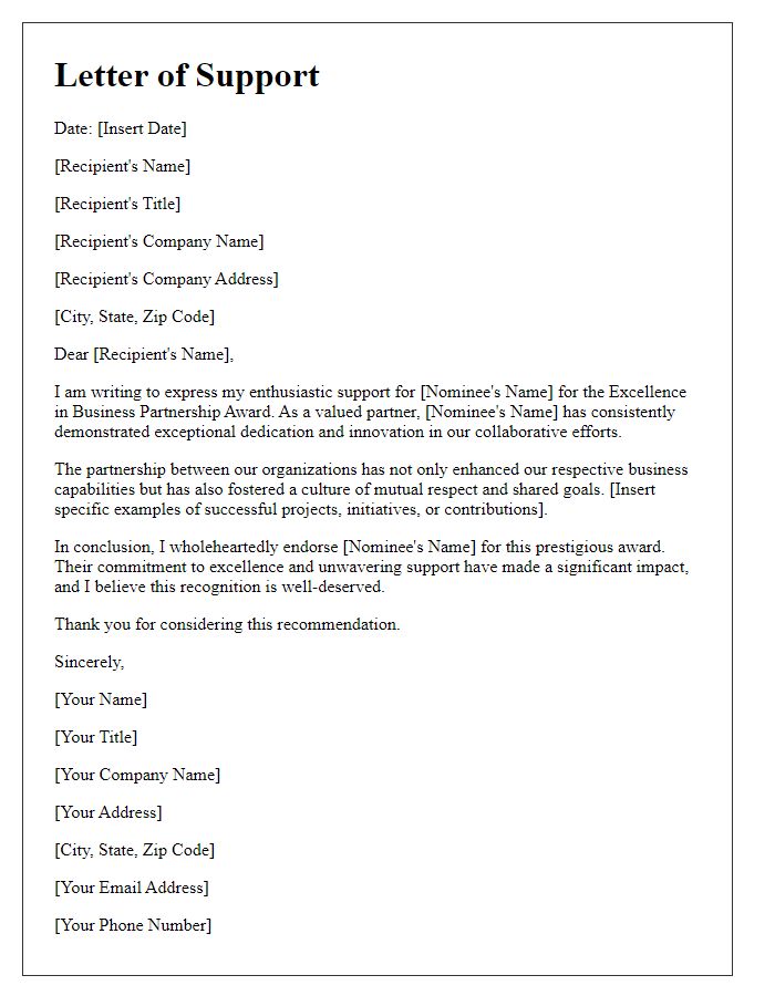 Letter template of support for excellence in business partnership award.