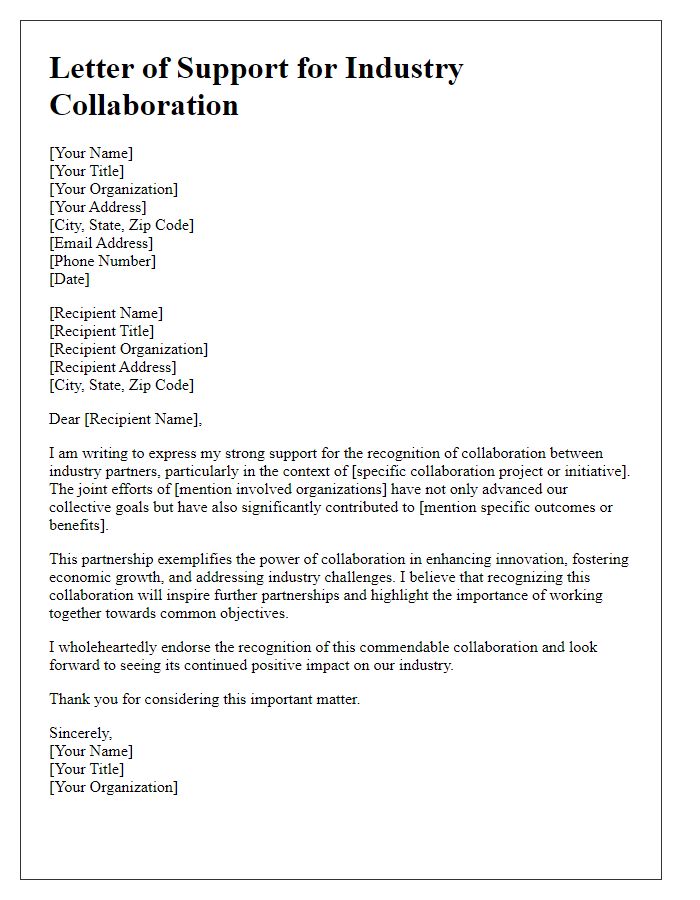 Letter template of support for industry collaboration recognition.