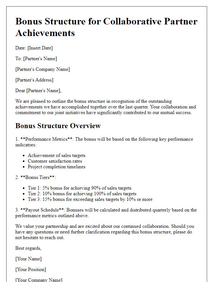 Letter template of bonus structure for collaborative partner achievements.