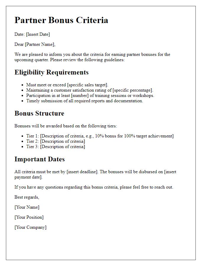 Letter template of criteria for earning partner bonuses.