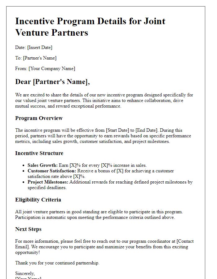 Letter template of incentive program details for joint venture partners.