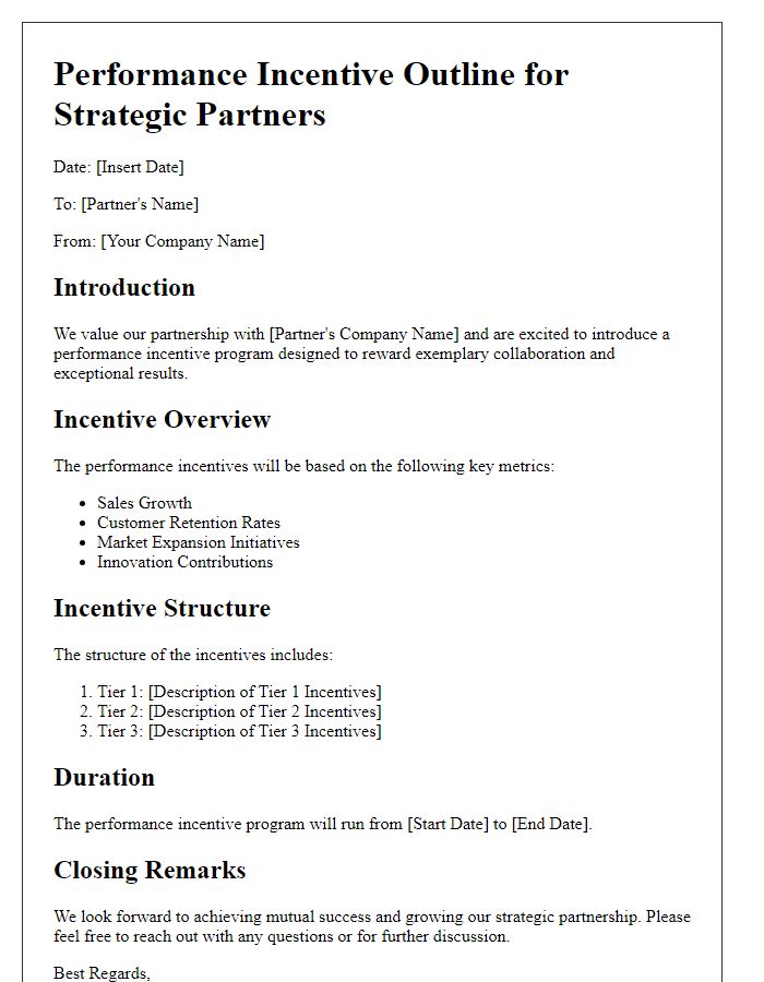 Letter template of performance incentive outline for strategic partners.