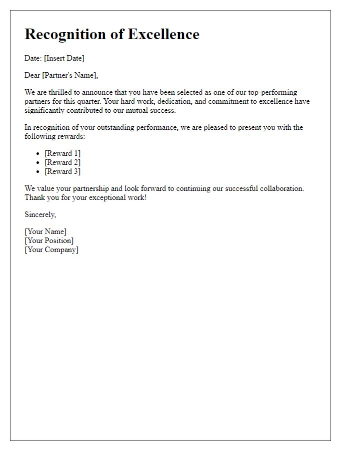 Letter template of recognition rewards for top-performing partners.