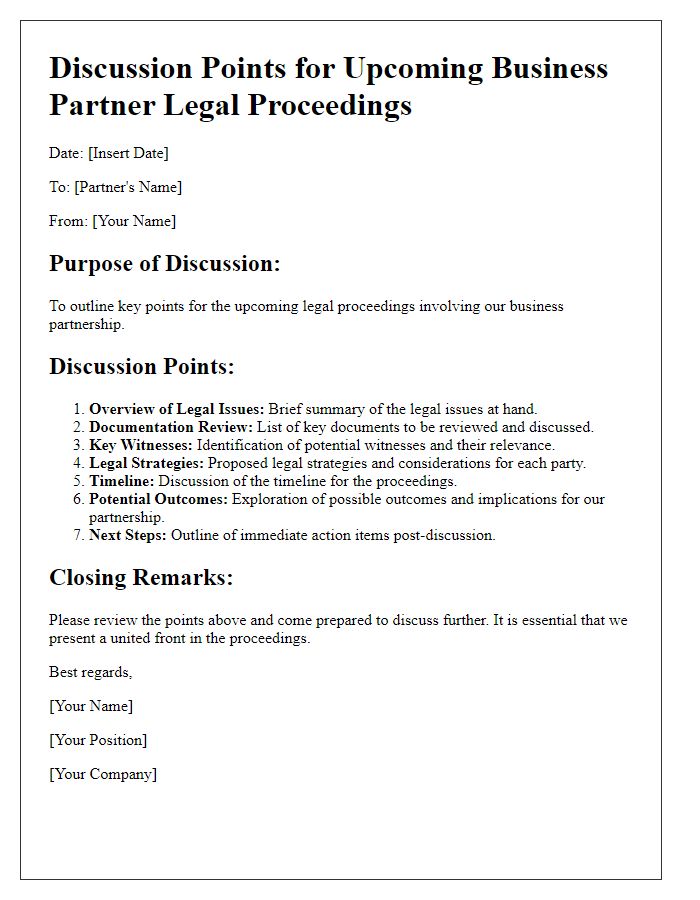 Letter template of discussion points for upcoming business partner legal proceedings