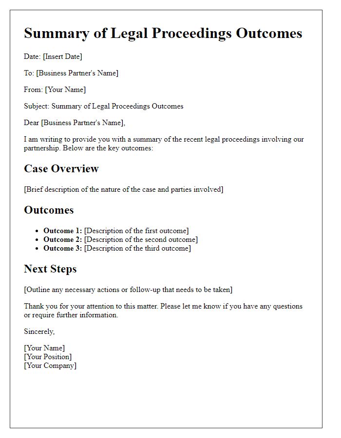 Letter template of summary of business partner legal proceedings outcomes