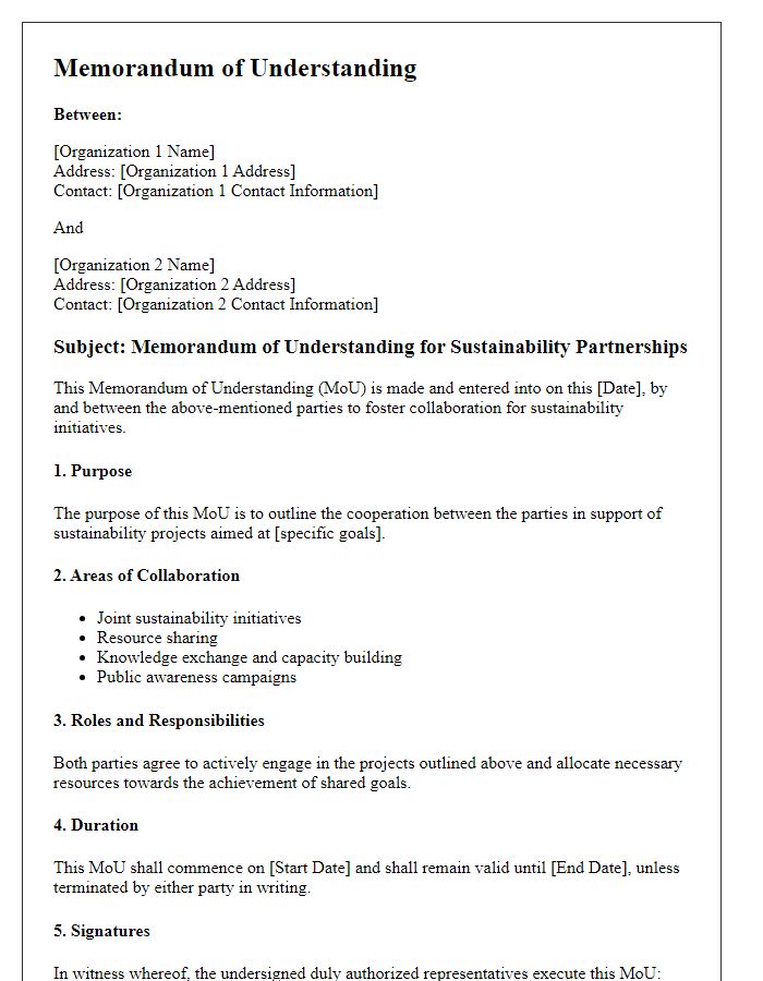 Letter template of memorandum of understanding for sustainability partnerships