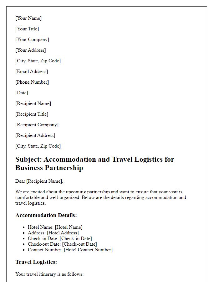 Letter template of accommodation and travel logistics for business partnership