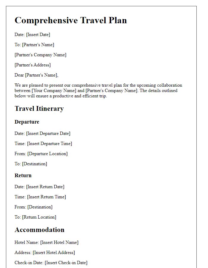 Letter template of comprehensive travel plan for strategic business partner