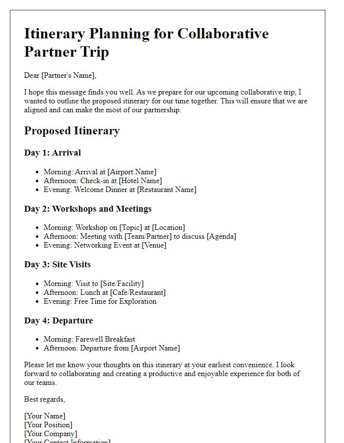 Letter template of itinerary planning for collaborative partner trip