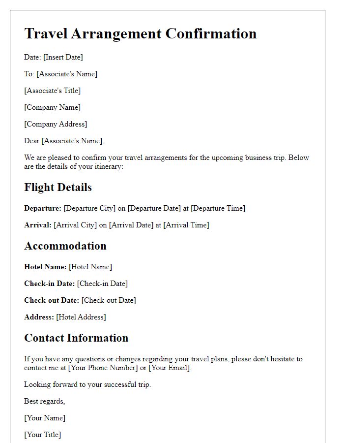 Letter template of travel arrangement confirmation for business associate