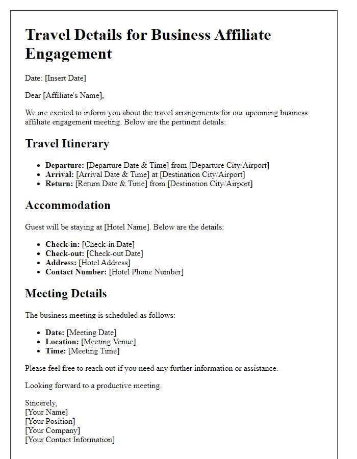 Letter template of travel details for business affiliate engagement