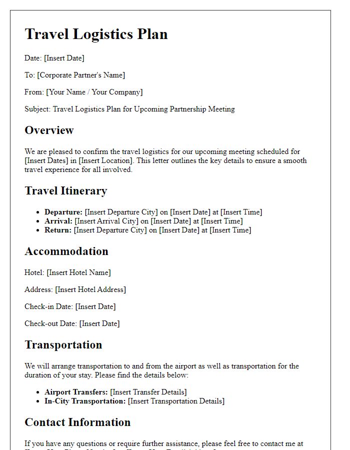 Letter template of travel logistics plan for corporate partner